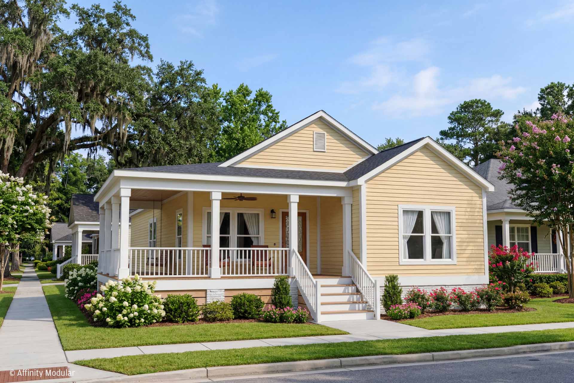 Single-story yellow modular home with white trim, a front porch, and a well-maintained garden on a sunny day.